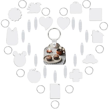 DIY Sublimation Double-Sided Blank MDF Keychains, with Mixed Shape Wooden Hard Board Pendants and Iron Split Key Rings, White, 13sets/bag