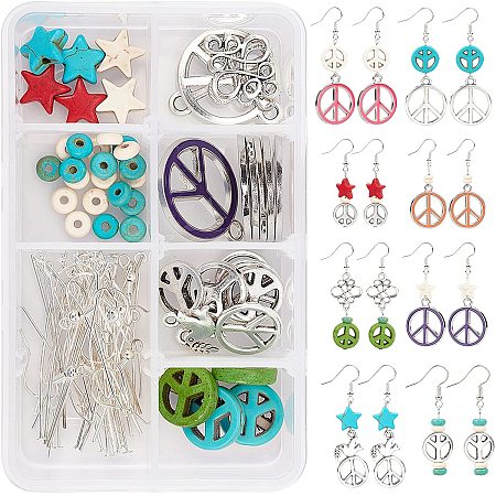 SUNNYCLUE DIY Peace Theme Earring Making Kits, Include Peace Sign & Star & Rondelle Synthetic Turquoise Beads, Alloy Pendants, Iron Pin Findings, Brass Earring Hooks, Mixed Color, Total: 104pcs/box