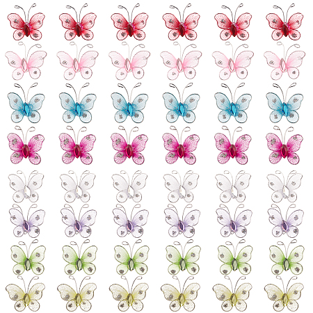 SUNNYCLUE Screen Fabric Butterflies, with Metal Wire, for Wall Stickers and Home Craft Decoration, Mixed Color, 27.5x28.5x9mm, 48pcs/set