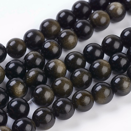 Arricraft Natural Golden Sheen Obsidian Beads Strands, Round, 10mm, Hole: 1mm, 19pcs/strand, 8 inches
