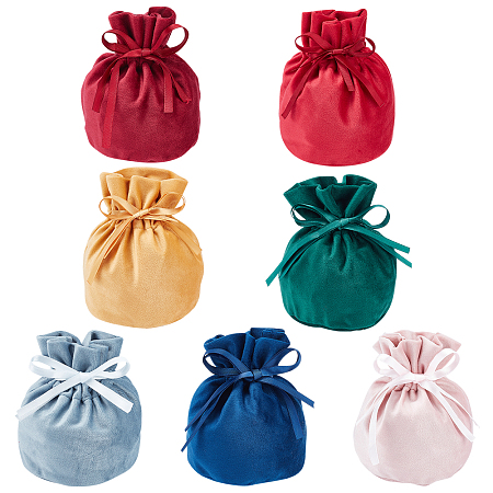 BENECREAT 7Pcs 7 Colors Velvet Jewelry Drawstring Gift Bags, Wedding Favor Candy Bags, Mixed Color, Folded: 14x10cm, 1pc/color