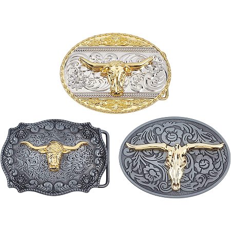 OLYCRAFT 3Pcs Bull Western Belt Buckle Bronze & Golden Cowboy Belt Buckle Western Rodeo Bull Buckle Cool Heavy Animal Alloy Smooth Buckle with Floral for Men - 3 Styles
