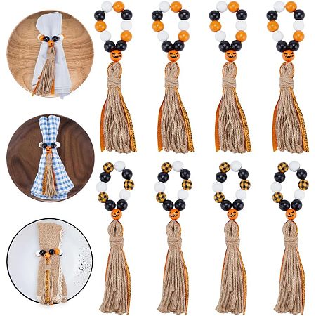 DELORIGIN 8pcs Halloween Wood Beaded Napkin Ring, Napkin Holders with Tassels Handmade Napkin Rings Garland Wall Hanging for Birthday Halloween Party Banquet Home Table Decoration