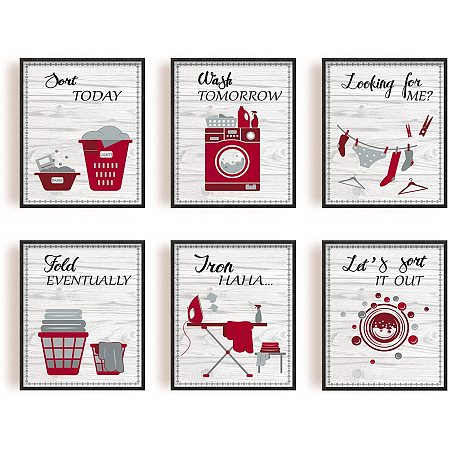 ARRICRAFT 6 PCS/Set Canvas Prints Laundry Room Theme Canvas Art Red Laundry Inspirational Painting Decorative Wall Art Pictures for Laundry Wall Decor 9.8
