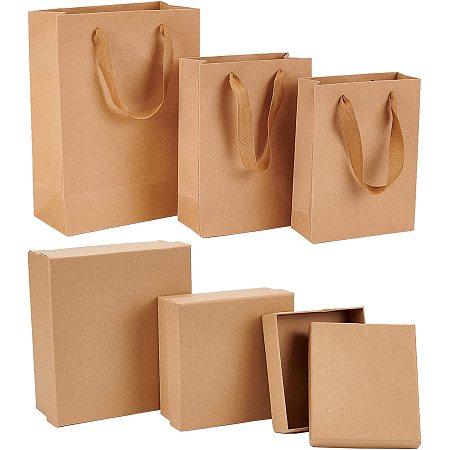 BENECREAT 3pcs 3 Style Brown Kraft Gift Boxes, Festival Gift Wrapping Boxes with 3pcs Tote Bag for Anniversaries, Birthdays, Weddings, Graduation