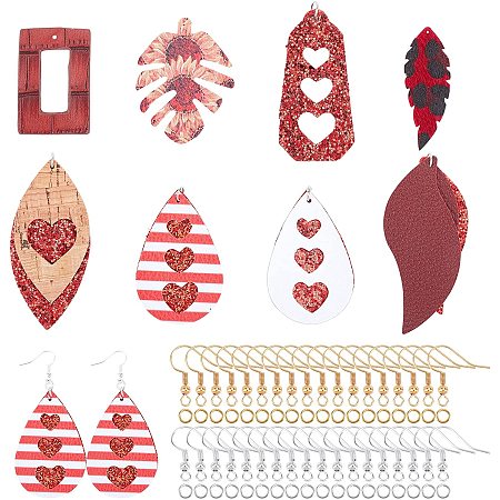 SUPERFINDINGS DIY 8 Pairs 8 Styles Red Themed PU Leather Earring Making Kits Include 8 Styles Big Pendants Brass Earring Hooks Jump Rings for Earring Craft Making