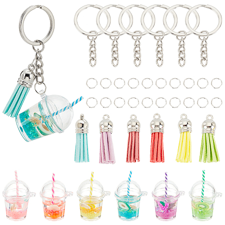 OLYCRAFT 6 Sets Milkytea Keychain Kit Mini Luminous Milky Tea Keychains Mixed Color Mini Cup Pendant Charms with Tassel and Key Rings for Key Chains DIY Jewelry Making