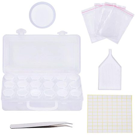 Arricraft 18 Pack Screw Top Lid Jars with Clear Plastic Bead Storage Container Box, 20pcs Zip Lock Bag, Label Stickers, Plates, Tweezers for Fastener, Glitter, Nail Art, and Craft Supplies