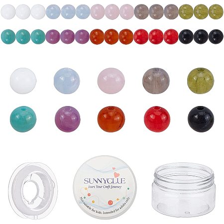 SUNNYCLUE 1 Box 200Pcs 10 Colors Colorful Acrylic Beads Imitation Gemstone Round Stone Loose Spacer Bead Healing Crystal Elastic Thread for Jewelry Making DIY Crafts Supplies, 8MM