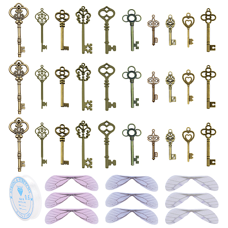 SUNNYCLUE 61Pcs 10 Styles Vintage Keys 3 Colors Wings Jewelry Making Kit Skeleton Key Pendant Dragonfly Wing Charms 11 Yards Elastic Crystal String for DIY Necklace Making Crafts Home Party Decor