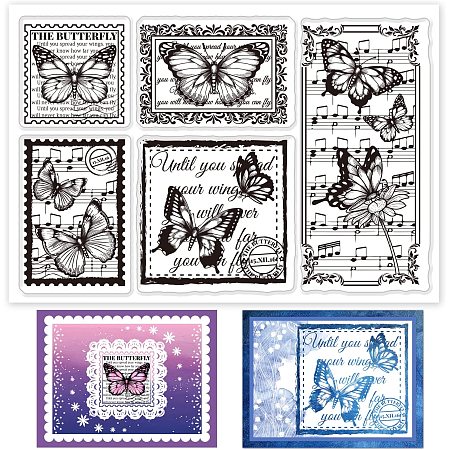 GLOBLELAND Butterfly Postage Clear Stamp Music Notes Transparent Silicone  Stamp Word Flower Rubber Stamp for Scrapbook Journal Card Making 4.3 x 6.3