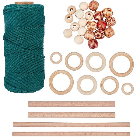 SUPERFINDINGS 1 Roll Macrame Cotton Cord 4mmx109yard Cotton Rope Craft Cord with 4pcs Wooden Stick 8pcs Wooden Linking Ring 20pcs Wooden Beads for Wall Hanging Weaving Tapestry DIY Craft