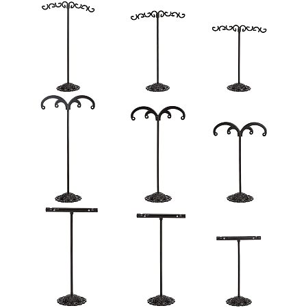FINGERINSPIRE 9 Pcs Iron Earring T Stand Bean-Sprout Hook Shape Earring Stand T Bar Jewlery Display Rack for Photography Jewelry Props【Black-Round Base, 3 Heights 4.13-5.51inch】