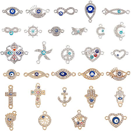 NBEADS 60 Pcs Alloy Links Connectors, 29 Styles Silver Plated Colorful Evil Eye Charms Jewelry Connector Findings with Crystal Rhinestone and Enamel for DIY Crafts Making