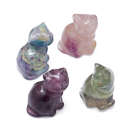 Honeyhandy Natural Fluorite Sculpture Display Decorations, for Home Office Desk, Cat, 18~19x23~23.5x29~30.5mm