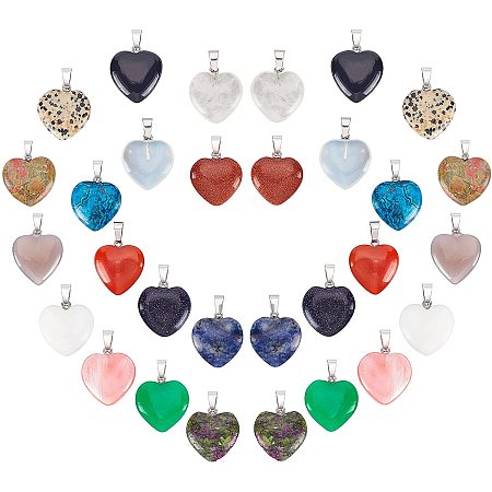 SUNNYCLUE 1 Box 30pcs 15 Colors Heart Stone Charms Colorful Natural Energy Healing Crystal Mixed Stone Pendants Chakra Gemstone Jasper Cherry Quartz Jade Agate for Jewelry Making Crafts