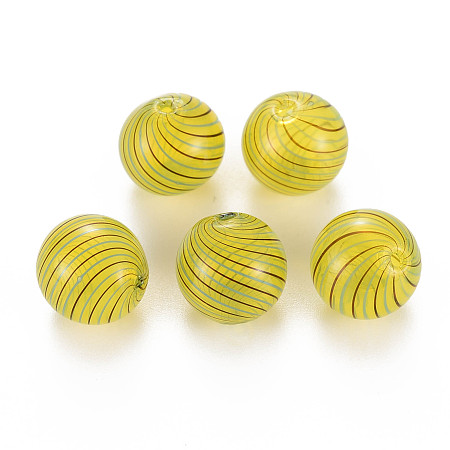 Honeyhandy Transparent Handmade Blown Glass Globe Beads, Stripe Pattern, Round, Light Khaki, 13~14mm, Hole: 1~2mm