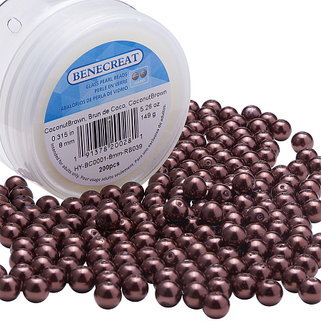 BENECREAT 200 Piece 8 mm Environmental Dyed Pearlize Glass Pearl Round Bead for Jewelry Making with Bead Container, Dark Brown