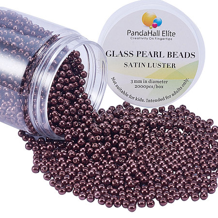 PandaHall Elite 3~3.5mm About 2000 Pcs Tiny Satin Luster Dyed Glass Pearl Round Loose Beads Assorted Lot for Jewelry Making Brown
