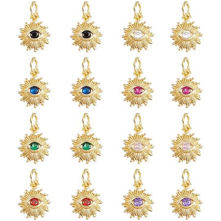 NBEADS 16 Pcs Evil Eye Charms, 8 Colors Sun Micro Pave Cubic Zirconia Charms Real 18K Gold Plated Evil Eye Brass Pendants for Earring Necklace Jewelry Making
