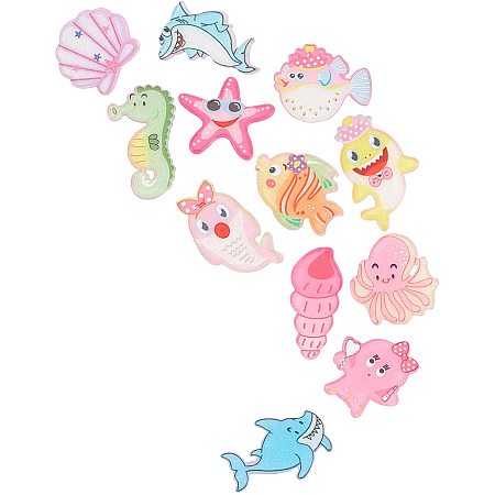 SUNNYCLUE 72Pcs 12 Style Ocean Animal Plastic Cabochons Flatback Starfish Fish Sea Horse Shark Octopus Plastic Cabochons Charms Embellishments for Hair Pins Clips Scrapbooking DIY Jewelry Crafts