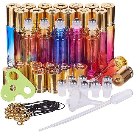 BENECREAT 24Pcs 10ml Rainbow Color Glass Roller Bottles with Gold Hanging Caps, 24pcs Cords, 1 Plastic Funnel, 1 Plastic Dropper and 1 Opener for Essential Oils