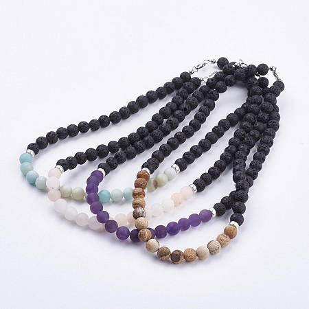 Honeyhandy Frosted Natural Gemstone Beaded Necklaces, with Natural Lava Rock Beads & Brass Lobster Claw Clasps & Alloy Beads, 16.92 inch(43cm)