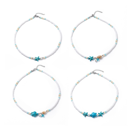 Honeyhandy 4Pcs 4 Style Natural Pearl & Shell & Dyed Synthetic Turquoise Beaded Necklaces Set, Gemstone Starfish & Tortoise Ocean Theme Necklaces for Women, Stainless Steel Color, 16.14 inch(41cm), 1Pc/style