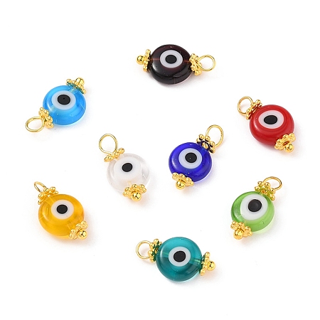 Honeyhandy Handmade Evil Eye Lampwork Charms, with Brass Eye Pin and Tibetan Style Alloy Spacer Beads, Flat Round, Mixed Color, 14.5x8x3.5mm, Hole: 2.4mm