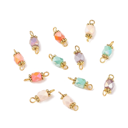 Honeyhandy Column Glass Golden Tone Iron Connector Charms, Faceted, Mixed Color, 15x6x5mm, Hole: 1.8mm