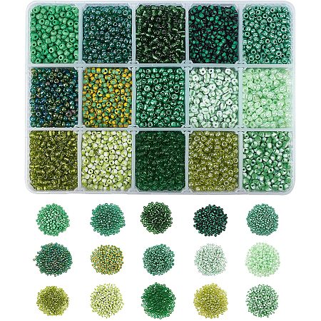 NBEADS 300G 3mm Glass Seed Beads Tiny, 15 Colors Small Pony Beads, Mini Spacer Beads for DIY Craft Bracelet Necklace Jewelry Making, 20g/Color, Green