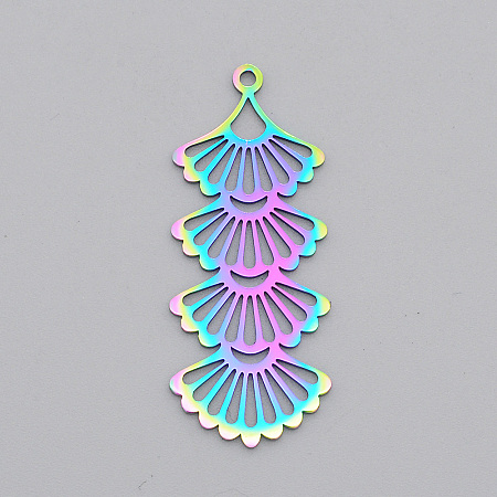 Honeyhandy Ion Plating(IP) 201 Stainless Steel Pendants, Laser Cut, Fan, Rainbow Color, 41x17x1mm, Hole: 1.6mm