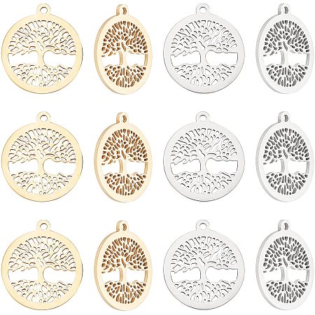 UNICRAFTALE 12pcs 2 Colors Flat Round with Tree of Life Pendants 304 Stainless Steel Charms Tree of Life Charm for DIY Necklace Jewelry Making, Hole 2mm