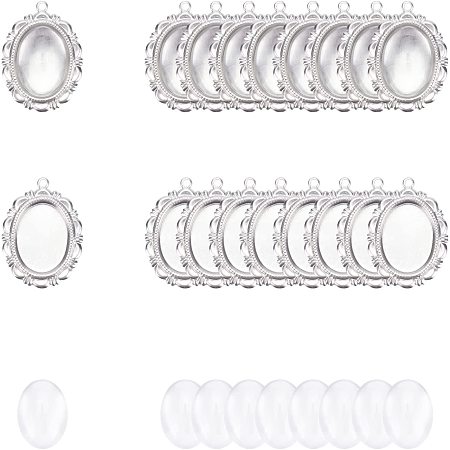 UNICRAFTALE About 60 Sets Pendants Making Kits 304 Stainless Steel Pendant Cabochon Settings About 28x20.5x1mm and Transparent Glass Cabochons Set Oval Jewelry DIY Kits for DIY Necklaces Jewelry