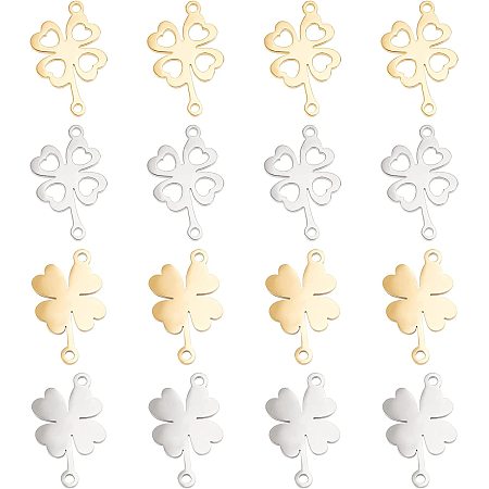UNICRAFTALE 16pcs 2 Colors Four-Leaf Clover Shape Links 201 Stainless Steel Connectors Hypoallergenic Smooth Metal Linking Charms for Jewelry Findings Making