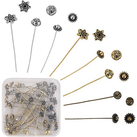SUNNYCLUE 1 Box 64Pcs 8 Styles Flower Head Pins Antique Tibetan Style Beads Ball Head Pins Brass Jewellery Needles findings for Women Beginners DIY Earring Necklace Making Crafts