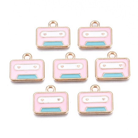 Honeyhandy Alloy Charms, with Enamel, Cadmium Free & Lead Free, Cassette Tape, Light Gold, Pink, 14x16x1mm, Hole: 2mm