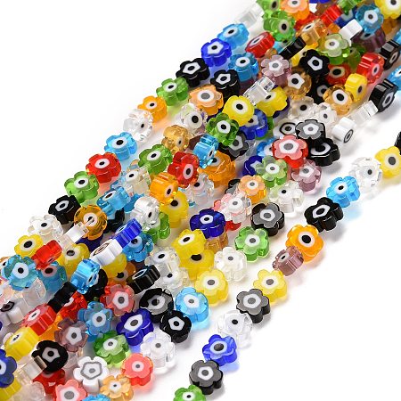 Honeyhandy Handmade Millefiori Glass Bead Strands, Flower, Mixed Color, 5.5~8x2.5mm, Hole: 1mm, about 64~67pcs/strand, 15.75 inch~16.34 inch(40~41.5cm)