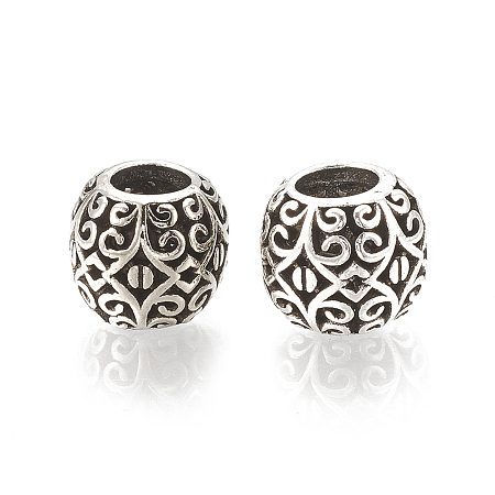 Honeyhandy Alloy European Beads, Large Hole Beads, Hollow, Barrel, Antique Silver, 11x9.5mm, Hole: 5mm
