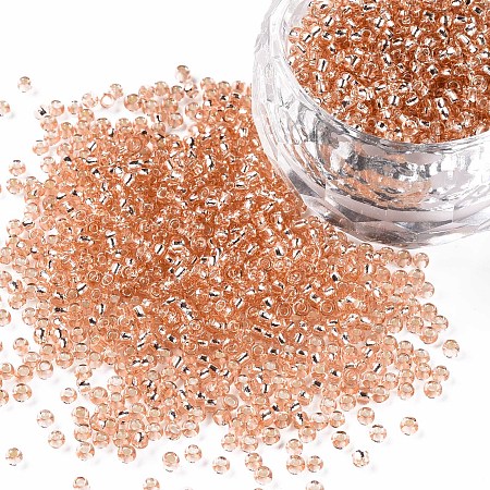 FGB 11/0 Silver Lined Transparent Glass Seed Beads for Garment Accessories, Round Hole, PeachPuff, 2x1.5mm, Hole: 0.3mm, about 3000pcs/50g