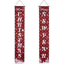 CREATCABIN Merry Christmas Banner Cristmas Porch Sign Xmas Decor Hanging Red Plaid Buffalo for Winter Indoor Outdoor Yard Holiday Home Party Porch Wall Decoration 11.8 x 70.9inch