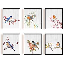 SUPERDANT Watercolor Birds on Flower Branches Wall Art Print 20×25cm Set of 6 Unframed Art Print Watercolor Style Abstract Animal Decor for Kitchen Bedroom Office Bathroom Home Decor