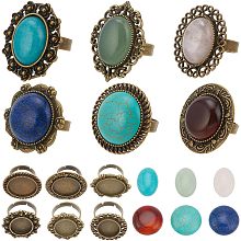 SUNNYCLUE 6Pcs Gemstone Finger Ring Making Kit Cabochon Ring Settings Bezel Blank Rings Healing Energy Turquoise Stone Gemstones Rose Quartz Vintage Style Ring Components for Jewelry Making Kits