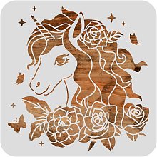 BENECREAT 12x12" Fantasy Unicorn Theme Plastic Stencils, Flowers, Butterflies, Stars Cutouts Painting Template for Painting, Wood Burning, Pyrography and Engraving Crafts