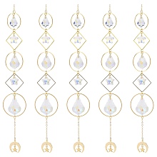 Honeyhandy Electroplate Glass Star & Teardrop Window Hanging Suncatchers, Golden Brass Geometry with Horn Pendants Decorations Ornaments, Clear AB, 253x35mm