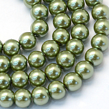 Baking Painted Pearlized Glass Pearl Round Bead Strands, Olive Drab, 6~7mm, Hole: 1mm; about 145pcs/strand, 31.4 inches