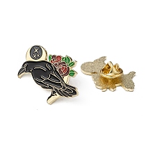 Honeyhandy Creative Zinc Alloy Brooches, Enamel Lapel Pin, with Iron Butterfly Clutches or Rubber Clutches, Bird with Rose, Golden, Black, 30x23mm, Pin: 1mm