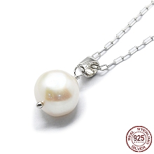 Honeyhandy Natural Pearl Pendant Necklace with 925 Sterling Paperclip Chains, with S925 Stamp, Real Platinum Plated, 17.72 inch(45cm)