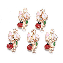 Honeyhandy Alloy Rhinestone Links Connectors, with Enamel, Flower with Ladybird, Golden, Colorful, 24x11x2mm, Hole: 1.6mm