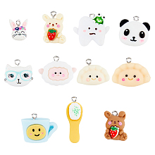 SUPERFINDINGS 44Pcs 11 Styles Opaque Resin Pendants, with Platinum Tone Iron Loops, Brush & Rabbit & Dumpling Charm, Mixed Shapes, Mixed Color, 13~32x11.5~25x6~9mm, Hole: 2mm, 4pcs/style